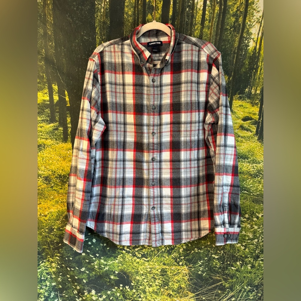🍁 Lands' End Men's Casual Plaid Shirt - Red, Gray, and White - L